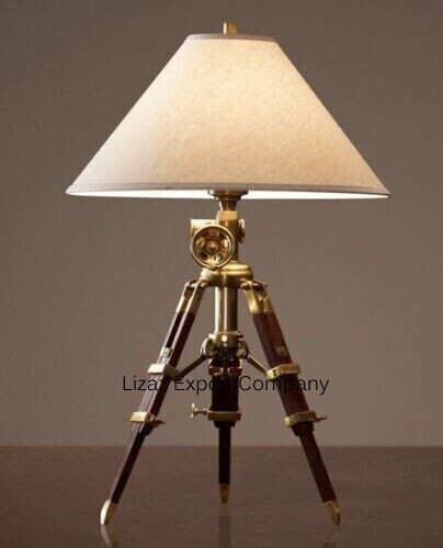 Nautical Marine Wood Black Tripod Table Lamp Wheel Style - Picture 3 of 3