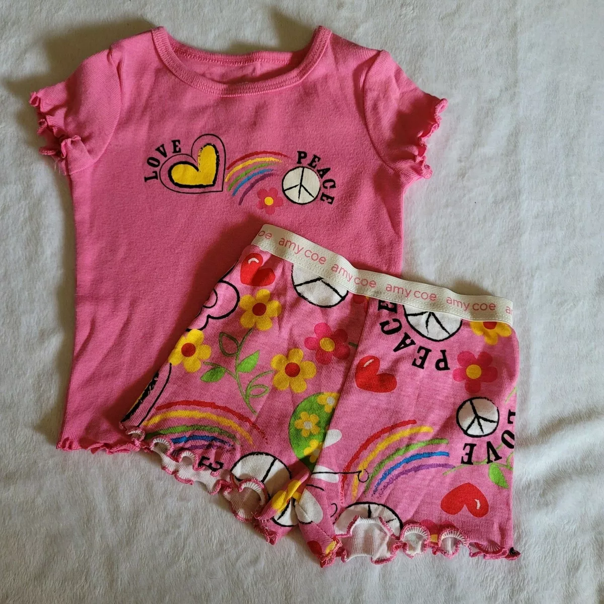 Amy Coe Baby Girl Pink Summer Pajamas Short Set Hippie Peace Love
