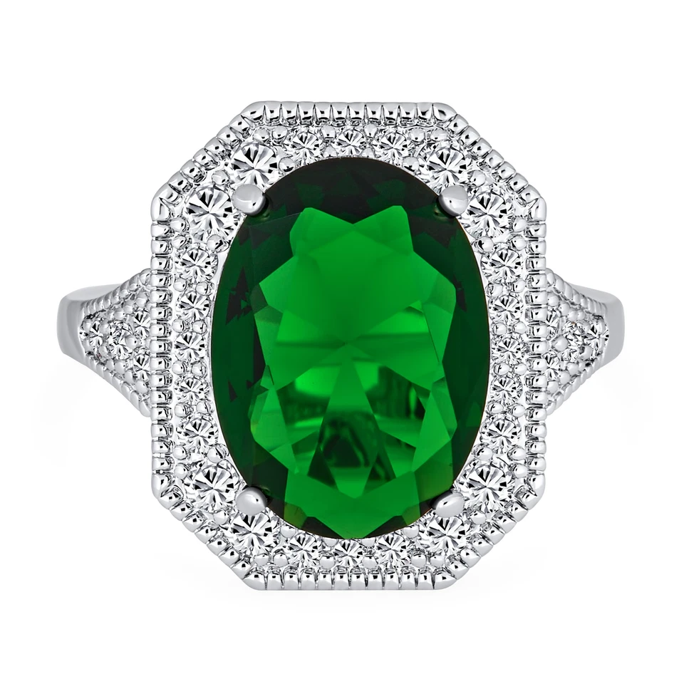 Anillo vintage Art Deco 15CTW grande ovalado solitario circonita cúctel verde declaración Foto 2 de 4