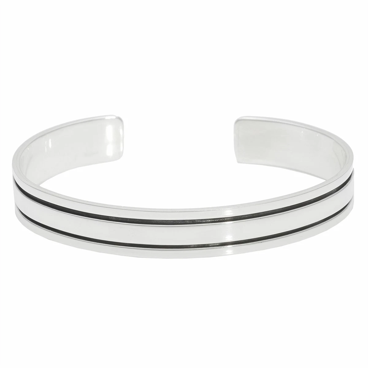 Sterling Silver Cuff Bangle Double Groove Black Line Wide Bracelet - Silverly