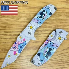 8" Stitch Disney Handle Spring Assisted Pocket Knife Folding Tactical Open Blade