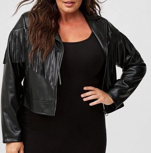 Chaqueta Torrid Para Mujer Negra Imitación Cuero Flecos Motociclista Moto Talla 0X Grande XL Foto 2 de 4