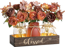 3 Pcs Mason Jar Table Centerpieces for Dining Room with Wood Tray Led Light