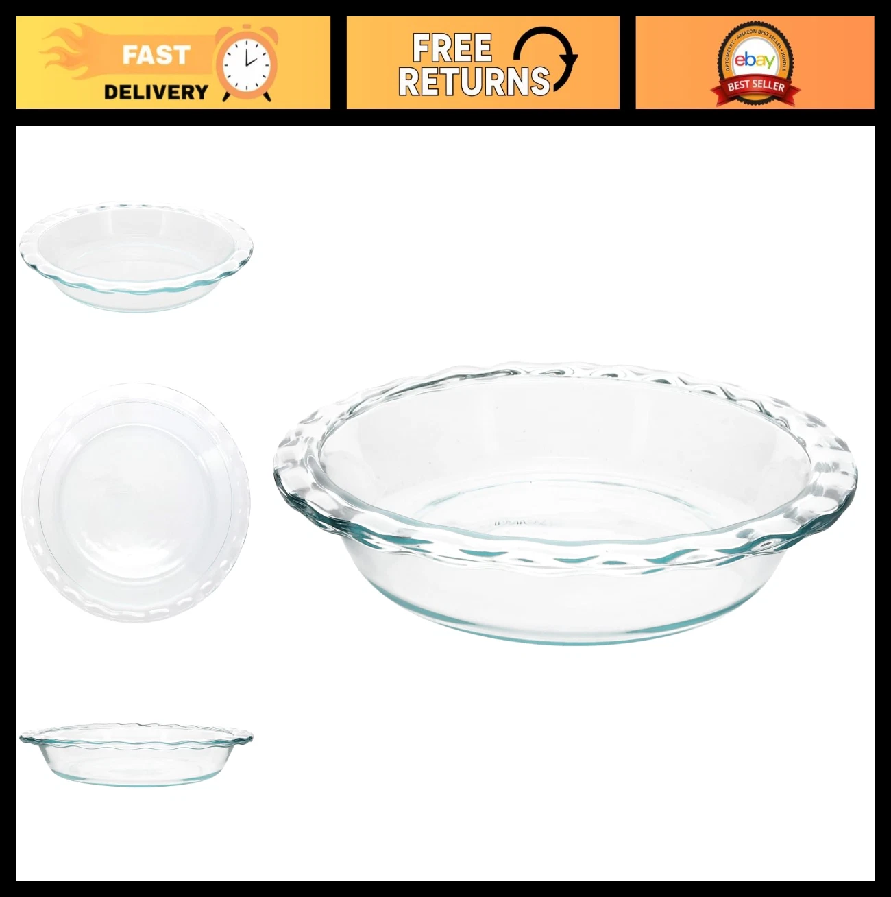 9.5" Clear Fluted Rim Glass Pie Plate - Durable Bakeware for Pies & Desserts