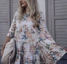 ZARA White Pink Green Yellow Floral Tiered Babydoll Mini Dress M 3/4 Sleeve
