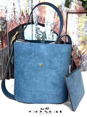 Coach Bleecker Bucket Bag 21 Dark Brass/Sea Blue CCW84 suede for