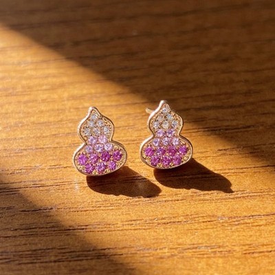18K Gold Pink Blue Sapphire Gourd Stud Earrings   Diamond Gradient Fine Jewelry