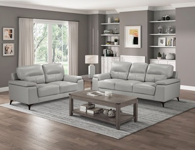 2 PC TOP GRAIN LEATHER MATCH LIGHT GREY SOFA LOVESEAT LIVING ROOM FURNITURE SET