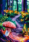 ACEO Original Acrylic Gouache Painting, Mushrooms, Fireflies, Forest, Art Card — photo 1