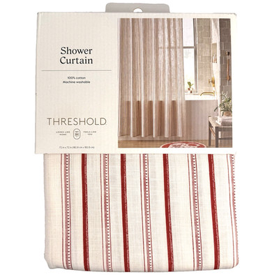 NEW Threshold  100% Cotton Shower Curtain 72x72 Red Striped Heart Buttonhole Top