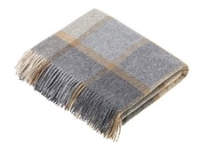 Wool Plaid Throw Blanket, Merino Lambswool, Block Windowpane Beige Grey, Made...