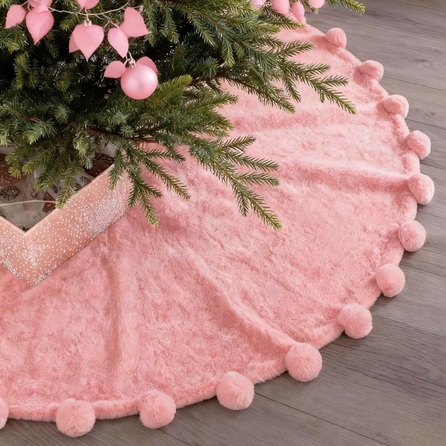 ORTIGIA Pink Christmas Tree Skirt 36 Inch with POM 36 INCH, Faux Fur