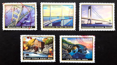  5 US PRIORITY MAIL High Value Stamps ~ AMERICAN LANDMARKS ~ Used, Off Paper XF