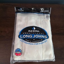 NIP Indera Men's Traditional Long John Thermal Pants White L Cotton/Poly Blend