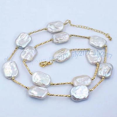 15-20mm Natural White Freshwater Baroque Rectangle Pearl Beads Necklace 16-72''