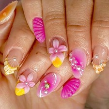 24Pcs Colorful Flower Press on Nails Medium Almond, Handmade Fake Colorful -22