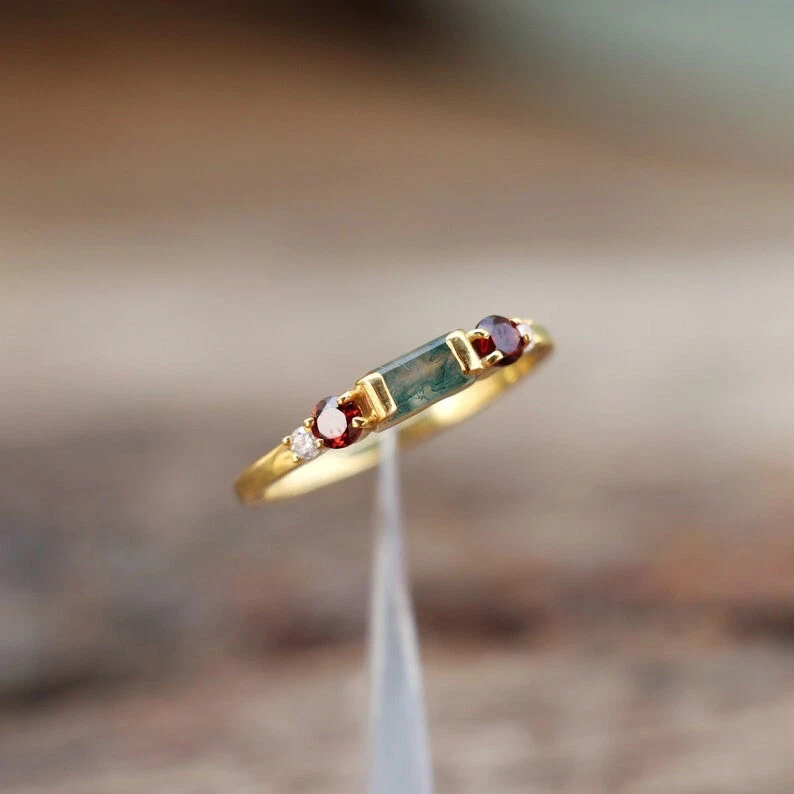 Anillo de ágata granate y musgo de plata de ley 925 anillo solitario de oro Vermeil Foto 2 de 4