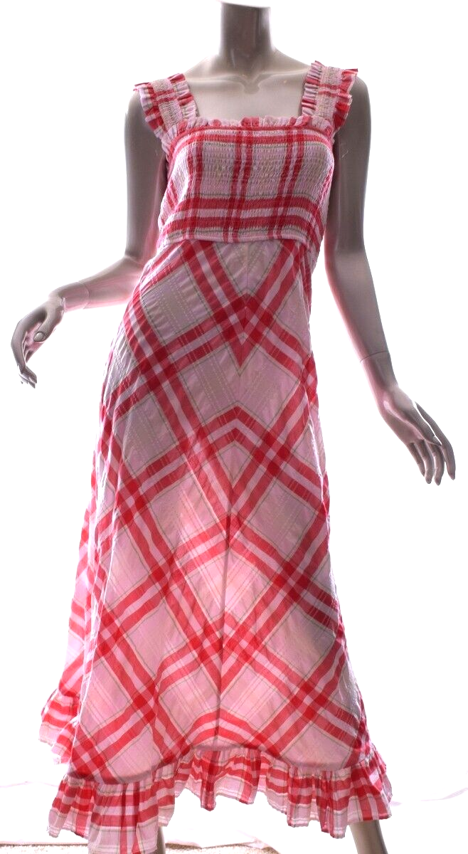 GANNI Plaid Ruched Cotton Blend Maxi Dress White /Pink Size 36 US 4 Mint  Cond | eBay