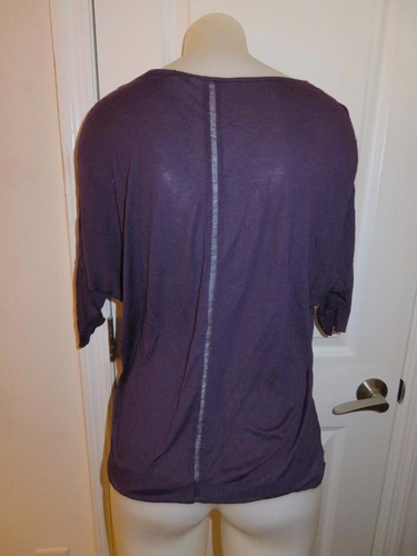 WOMENS MONIKA CHIANG PURPLE SCOOP NECK SHORT SLEEVE TOP W/DISTRESSED TRIM SIZE S - Picture 5 of 6