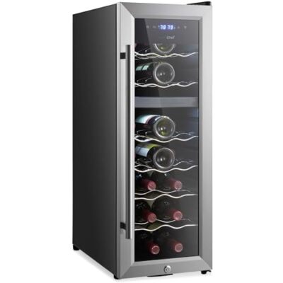 NutriChef Single-Zone Wine Cooler Refrigerator Cellar, 18 Bottle Storage- Chrome
