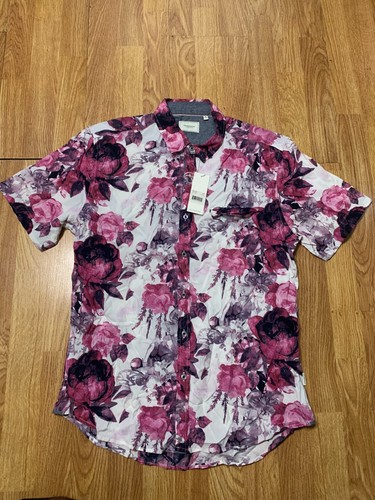 7 Diamonds Shirt Mens Medium White Floral Rose Journey Man Preppy Luxury Rayon - Picture 4 of 7