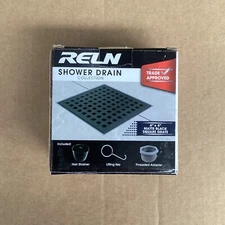 RELN - 4” x 4” Matte Black Square Shower Drain with Square Pattern Drain Cover