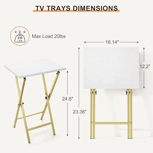 TV Tray Table Set of 2, TV Dinner Tray, Folding Table, Gold White 2 Pack - Image 3 of 4