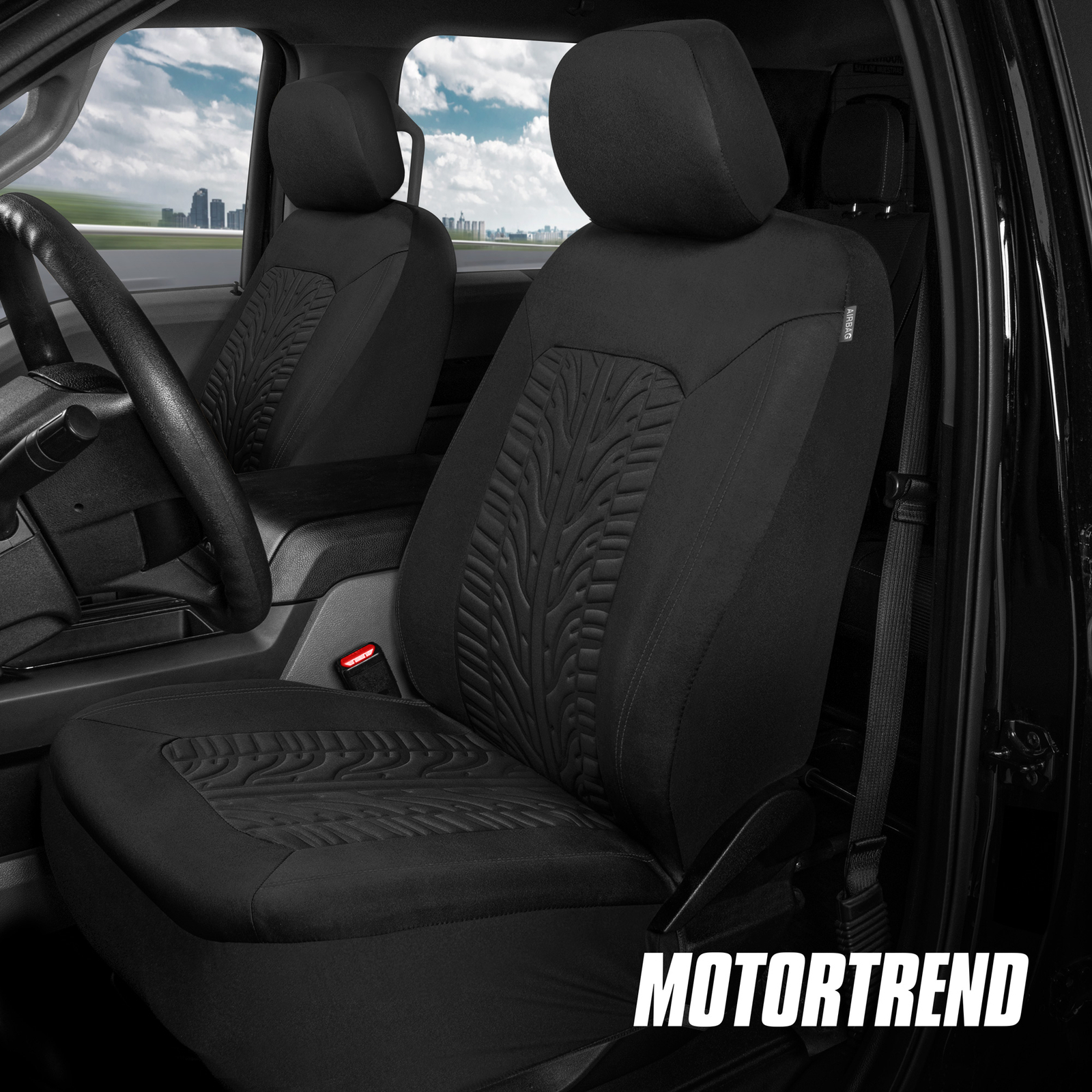 Front Seat Covers Black Universal Fit Design with Tire Tread Embossed
