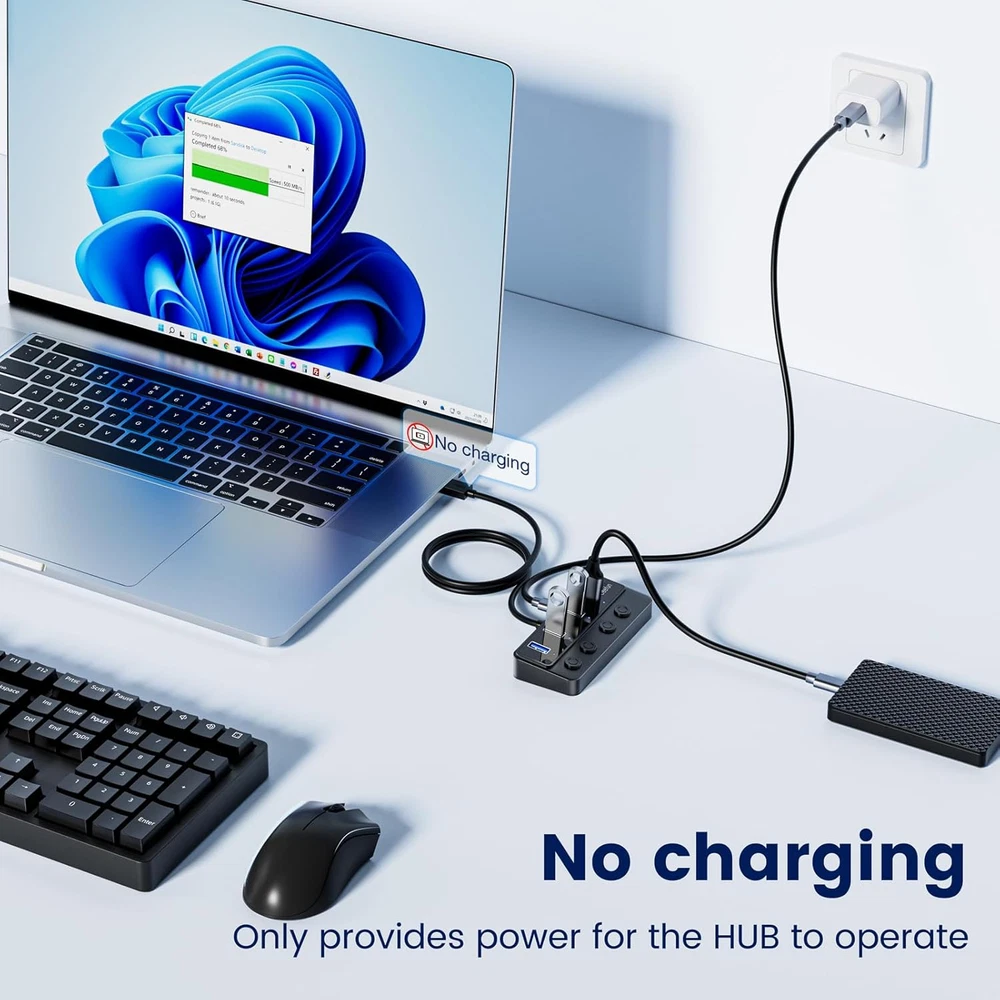 Qeefun 4-Port USB 3.0 Hub with LED Power Switches & 2Ft Extension Cable 5V Power Adapter