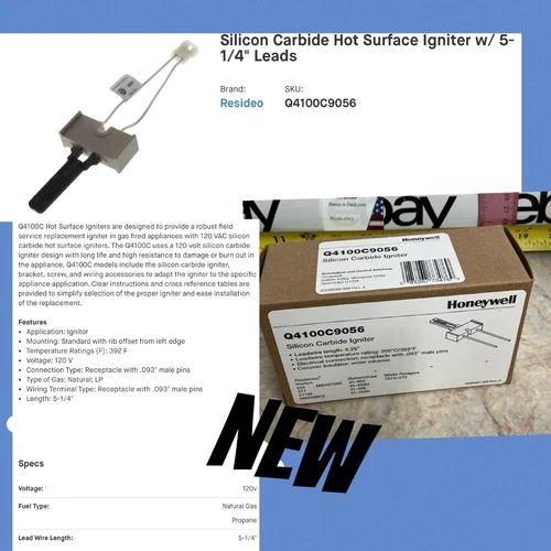 Honeywell Q4100C9056 Hot Surface Carbide Igniter, Lp/Ng, 120, 5 1/4 Silicon New