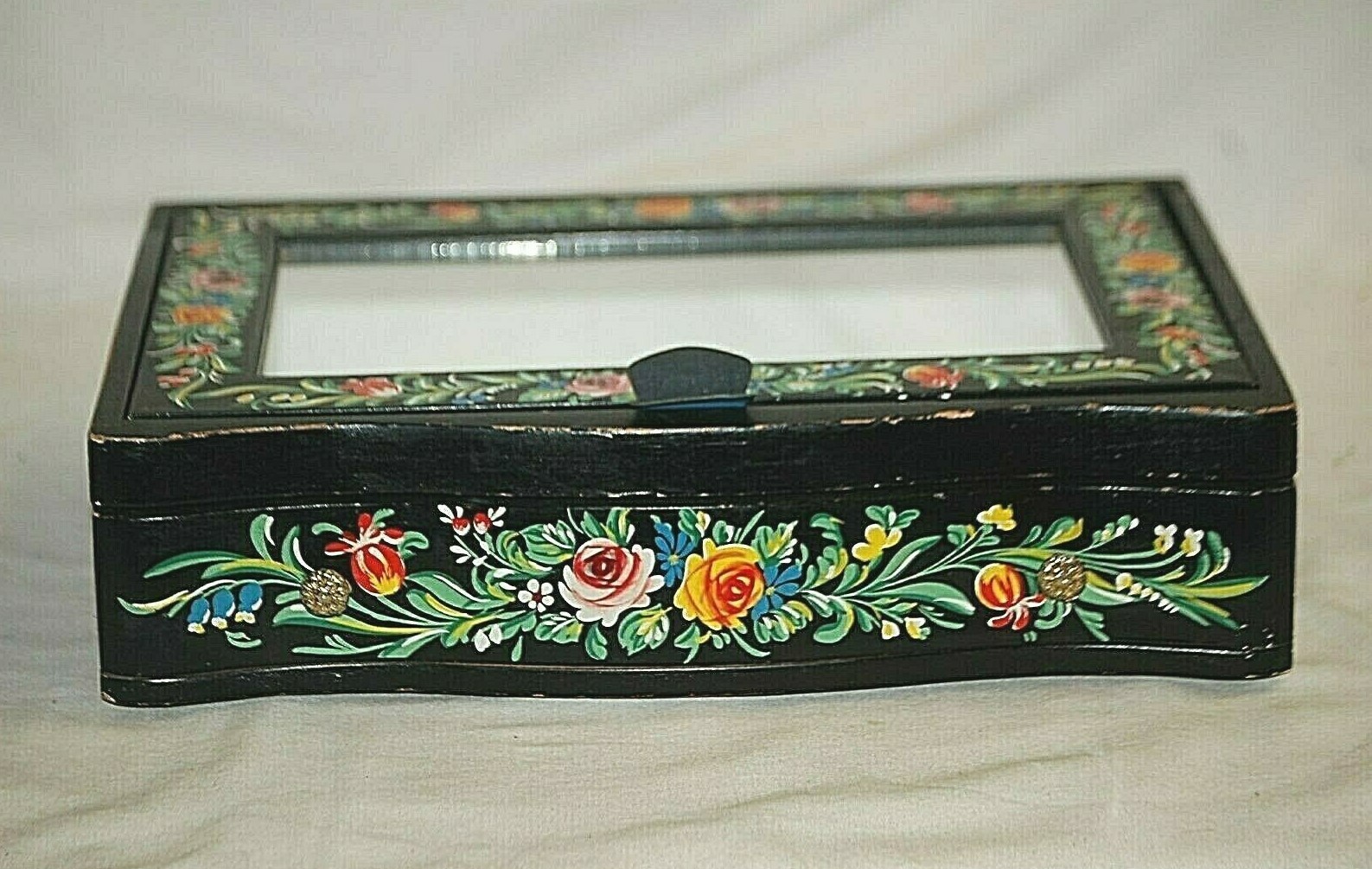Apco Japan Wooden Jewelry Box Hand Painted Floral Designs w Mirror Vintage eBay