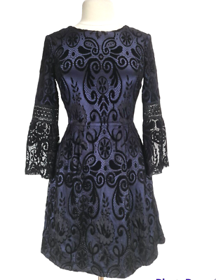 Eliza J Blue Floral Lace Mini Fit & Flare Dress women Size 2 3/4 Bell  Sleeve | eBay