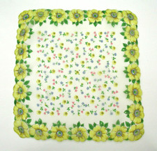 VINTAGE WOMEN'S 13" x 14" HANDKERCHIEF - CHIFFON MATERIAL / YELLOW FLORAL BORDER