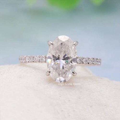 3 CT Elongated Oval Cut Moissanite Hidden Halo Engagement Ring in 14K White Gold