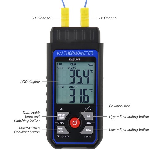 Termometro termocoppia K/J 4 sonde tipo K misuratore temperatura doppio canale - Foto 4 di 9