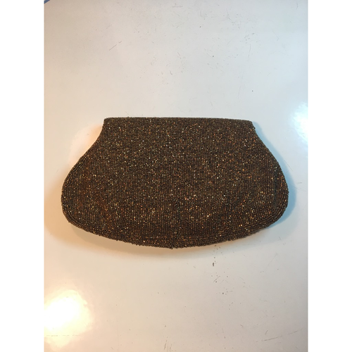 Vintage Damen Bronze Perlen Clutch Handtasche braun Stoff Abendtasche Snap - Bild 2 von 9