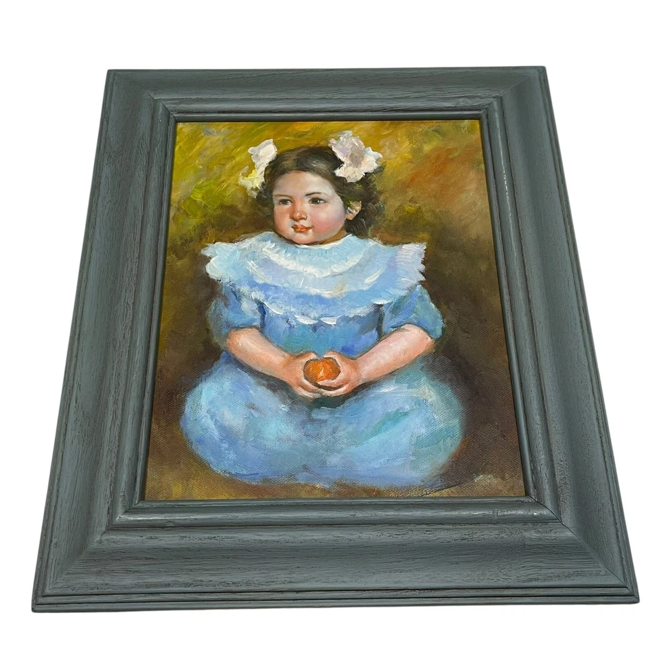 Original oil on panel painting Small Child Girl Holding Fruit Apple Peach Framed - Image 2 of 4