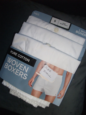 Marks & Spencer 3er Pack gewebte Boxershorts reine Baumwolle weiß SMALL NEU