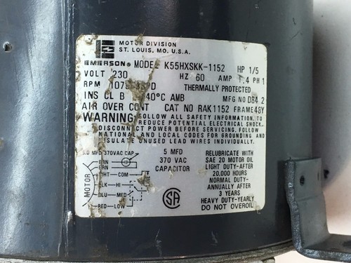 Emerson RAK1152 Model K55HXSKK-1152 Frame 48Y 3-Speed Motor 1/5HP 230V 1075RPM - Picture 2 of 3