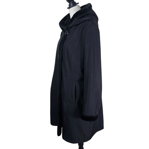 Gallery Faux Fur Trim Hooded Black Coat Sz XL Microfiber Long Formal Mobwife - Picture 4 of 12