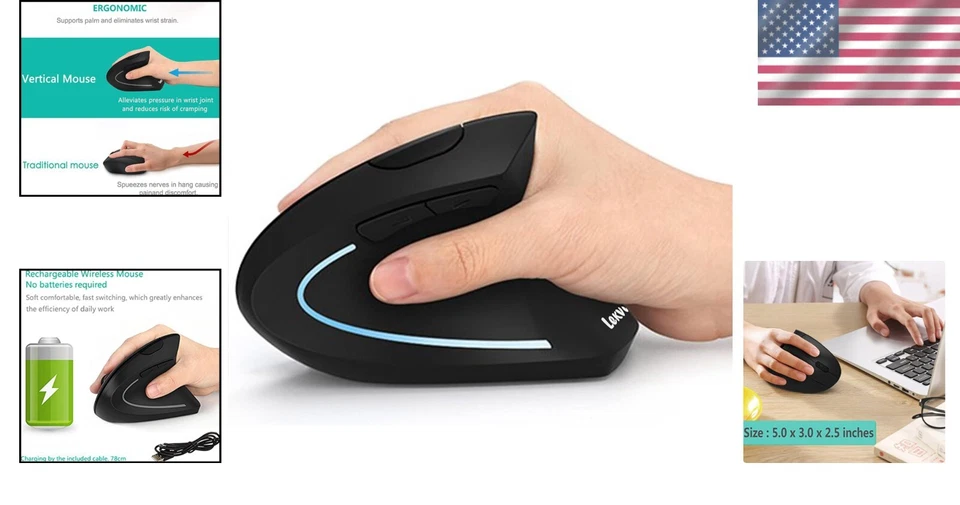 Rechargeable Wireless Ergonomic Mouse with Adjustable DPI and 6 Buttons - Black - Image 2 of 4