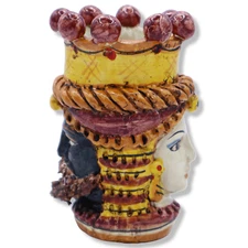 Janus Double Face Tête Avec Deux Visages en Céramique Caltagirone, Corona, Pelle