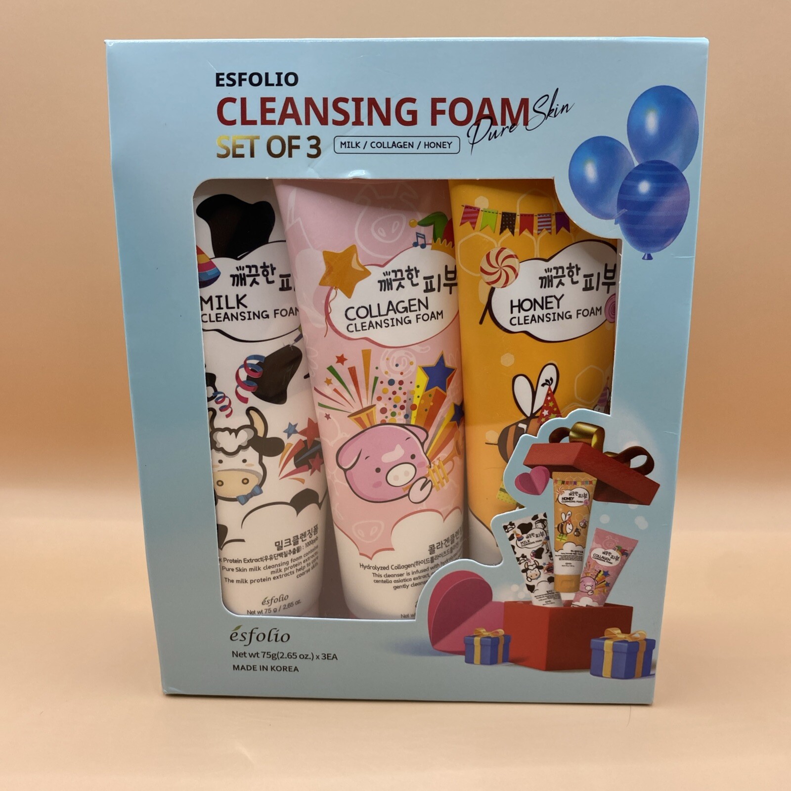 Esfolio Cleansing Foam Set of 3 Brand New In Box Milk Collagen & Honey 2.65oz X3