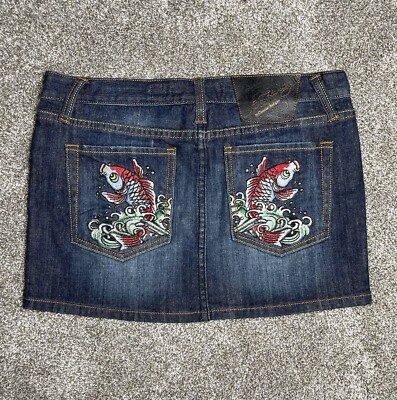 Ed Hardy By Christian Audigier Y2K Women's 27 (32'') Denim Mini Skirt Koi Fish