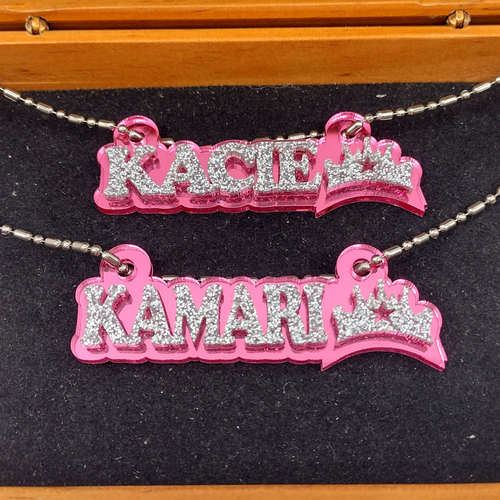 Name Plate Custom Name Necklace Princess Crown Nameplate Laser Cut Diamond Look - Picture 4 of 10