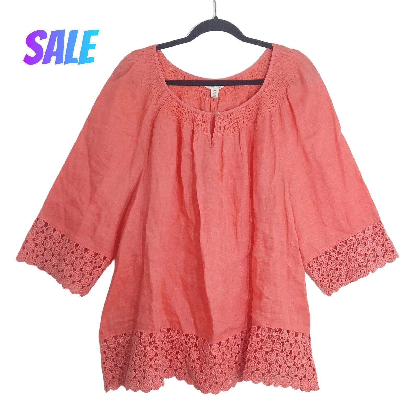 Charter Club Women's 3X Coral Linen Peasant Blouse Crochet Trim Smocked Top