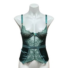 Seven 'til Midnight Eyelash Lace Satin Bustier Lingerie Green Small