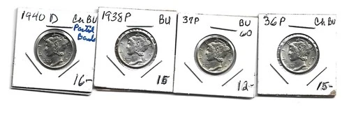 LOT OF 4 UNC PREWAR MERC DIMES36P37P,38P, &40P