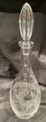 EGERMAN? W GERMANY Signed CLEAR DECANTER ETCHED FOREST STAG/ELK 13 7/8 T