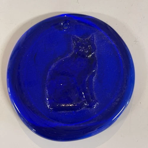Blenko Glass Cat Suncatcher Cobalt Blue 3.5 Inch Pressed